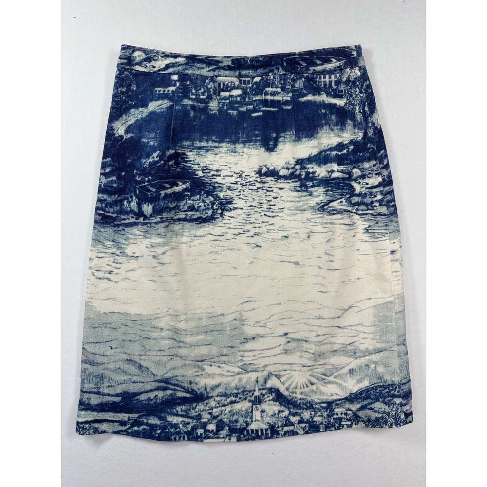 Anthropologie French Toile Landscape Pencil Skirt Sz 6 Blue White Coastal Scenic - Picture 2 of 9